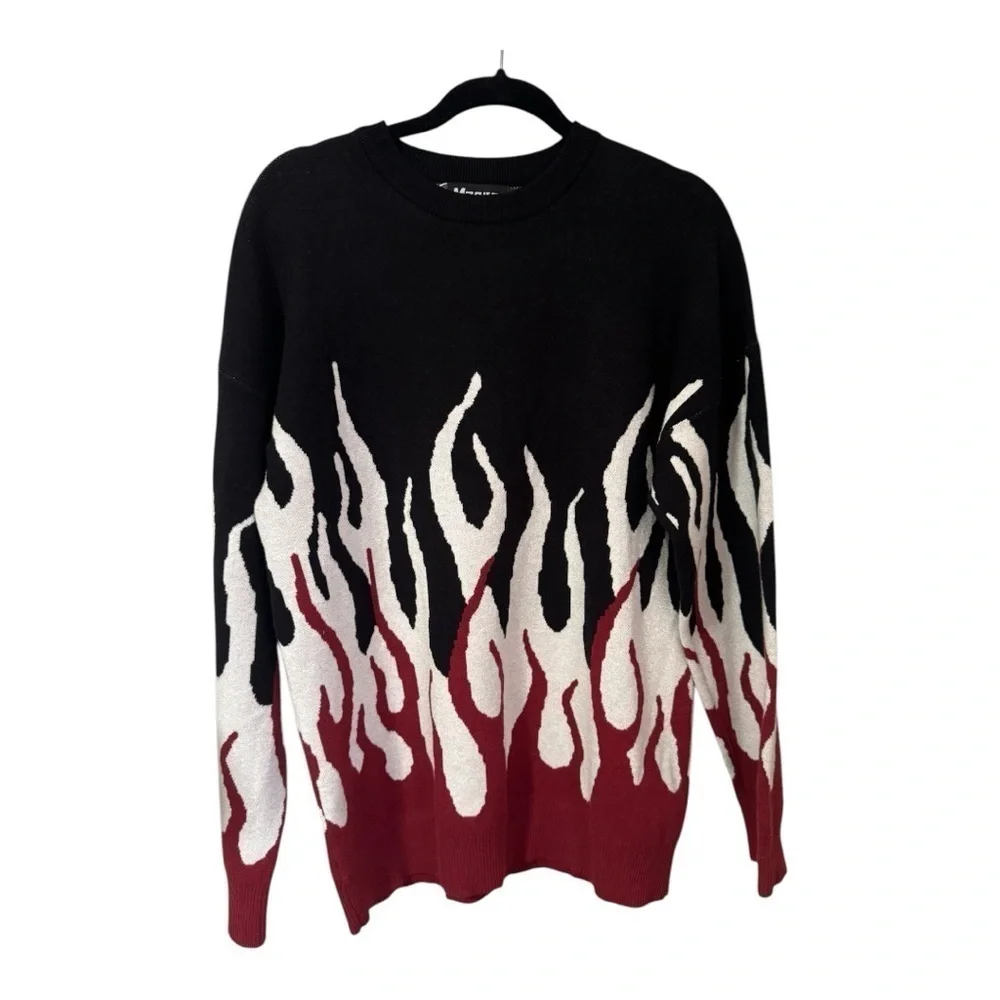 MAENER Gengar Skater Flame Graphic Crewneck Sweater Long Sleeve Streetwear Small